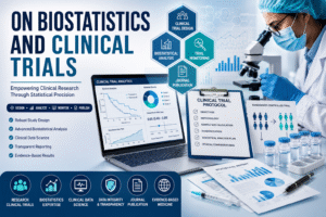 Biostatistics in clinical trials showing statistical analysis, clinical trial design, research data visualization, and evidence-based medical research.