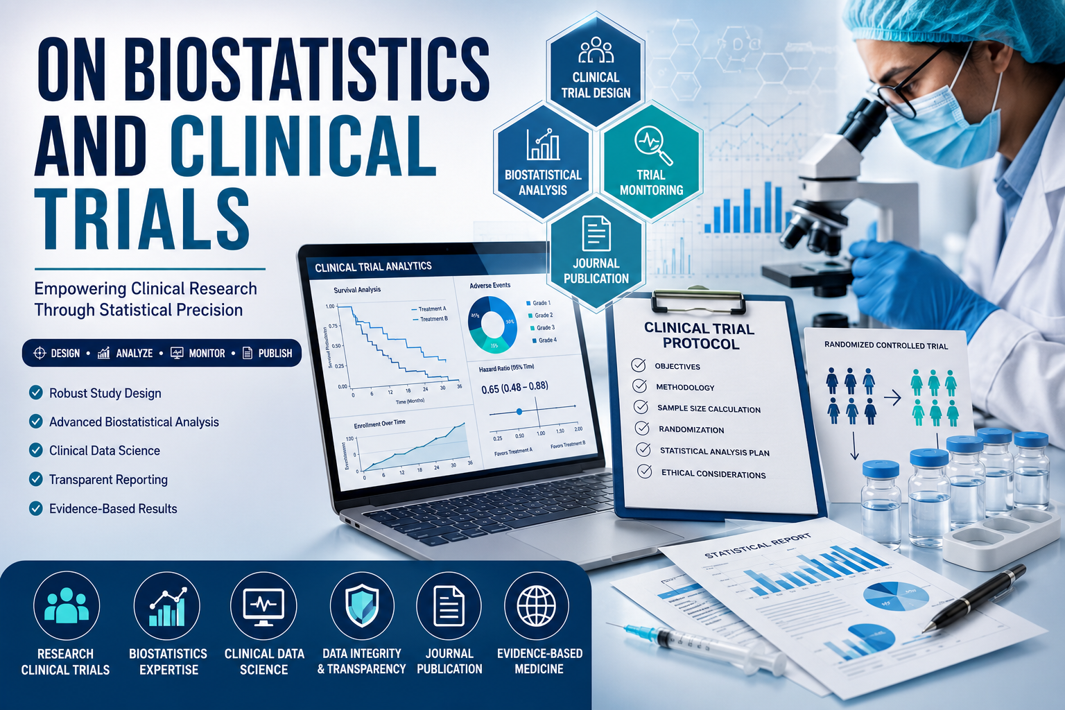 Biostatistics in clinical trials showing statistical analysis, clinical trial design, research data visualization, and evidence-based medical research.