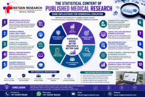Infographic explaining the statistical content of published medical research, clinical trial data analysis, medical literature review, and biomedical education by NxtGen Research.