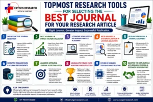 Infographic showing top research tools and key factors for selecting the best journal for a research article