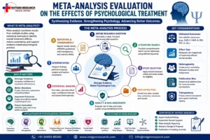 Meta analysis of psychological treatment infographic showing systematic review and research methods