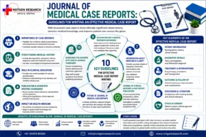 Infographic showing key guidelines for writing an effective medical case report, including patient information, diagnosis, treatment, outcomes, ethics, and publication standards.